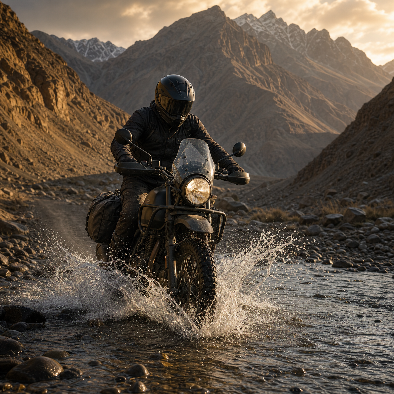 Lone rider crossing a stream