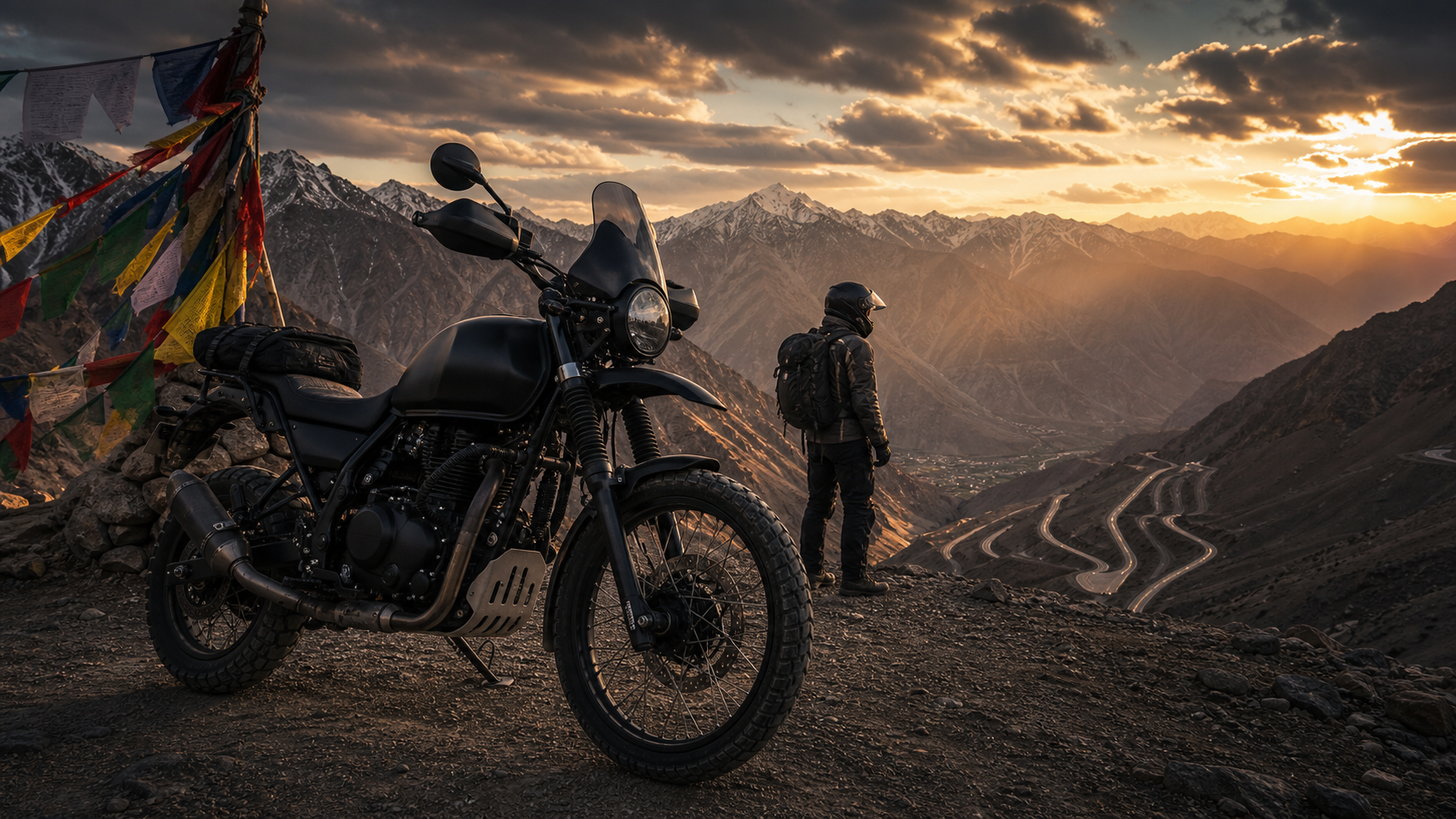 Adventure motorcycle on a high Himalayan pass at golden hour